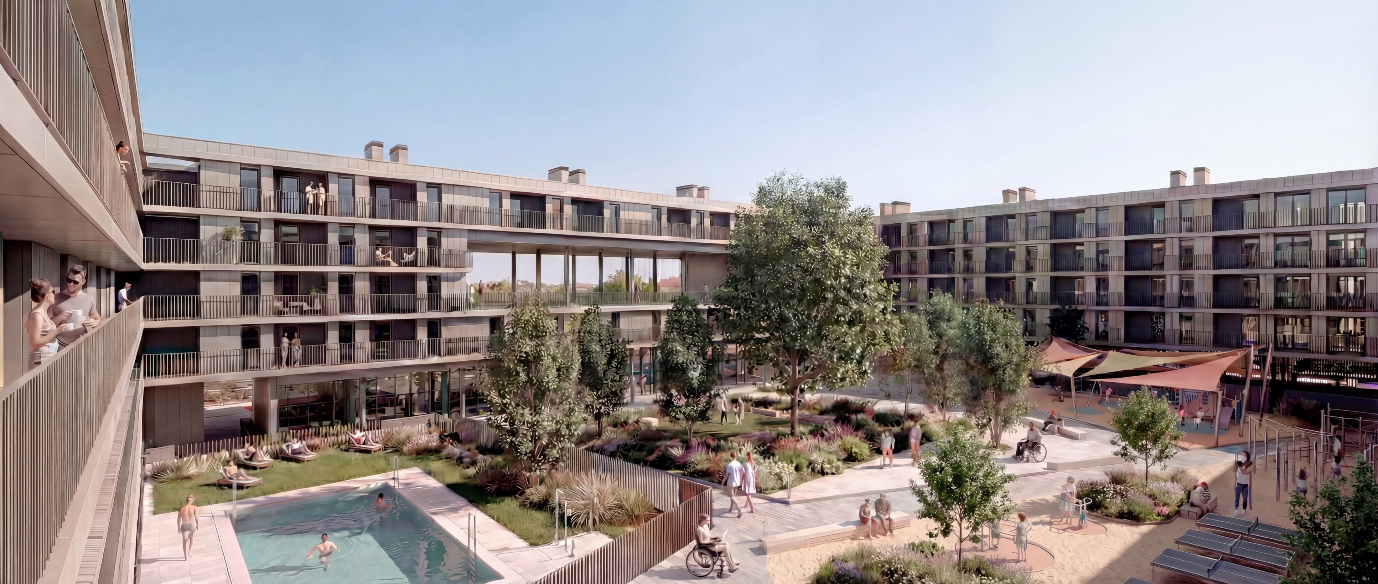 Landscaped courtyard of a GENIVS affordable housing development in Madrid
