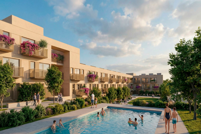 Affordable housing development with landscaped gardens and pool