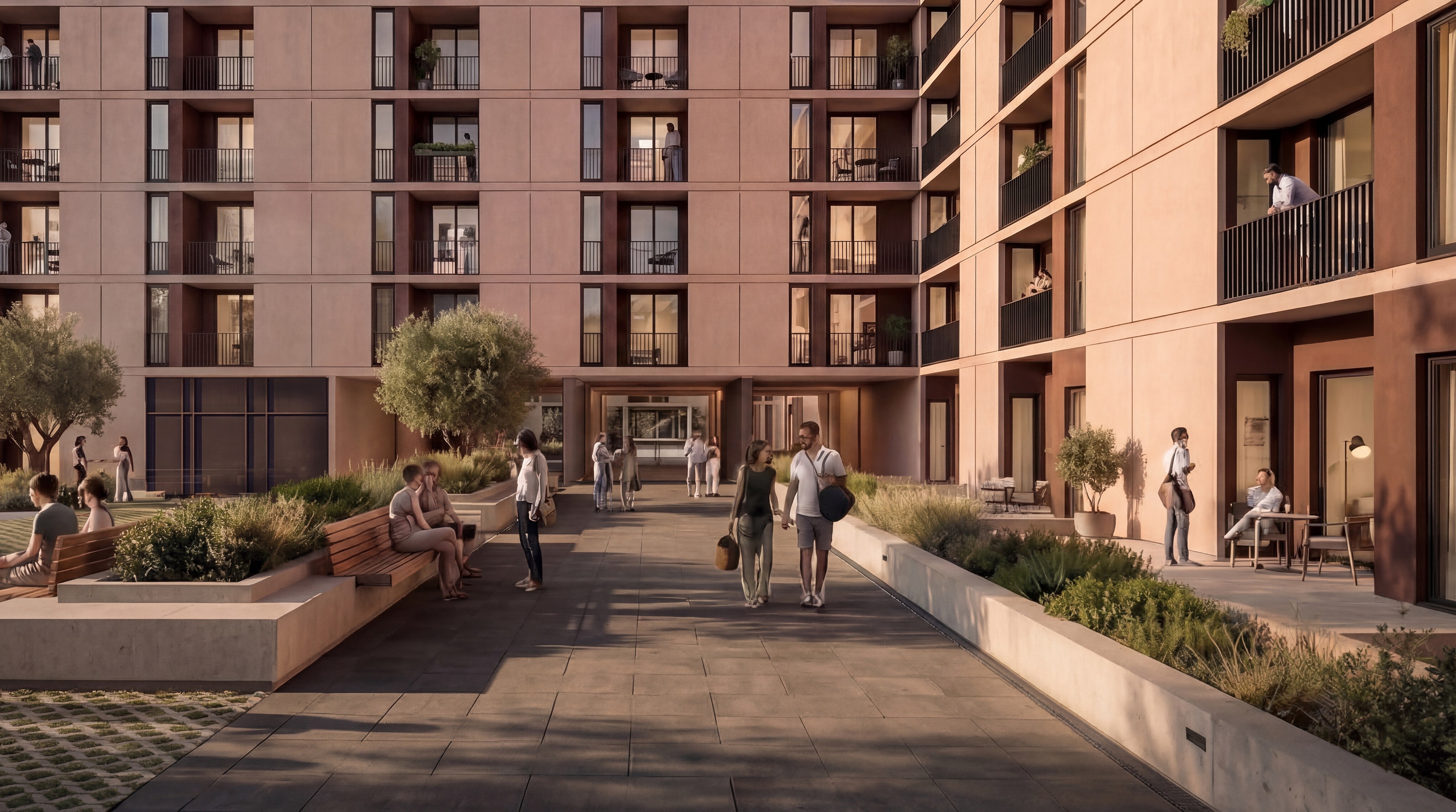 Contemporary affordable housing complex and landscaped courtyard in Zaragoza.