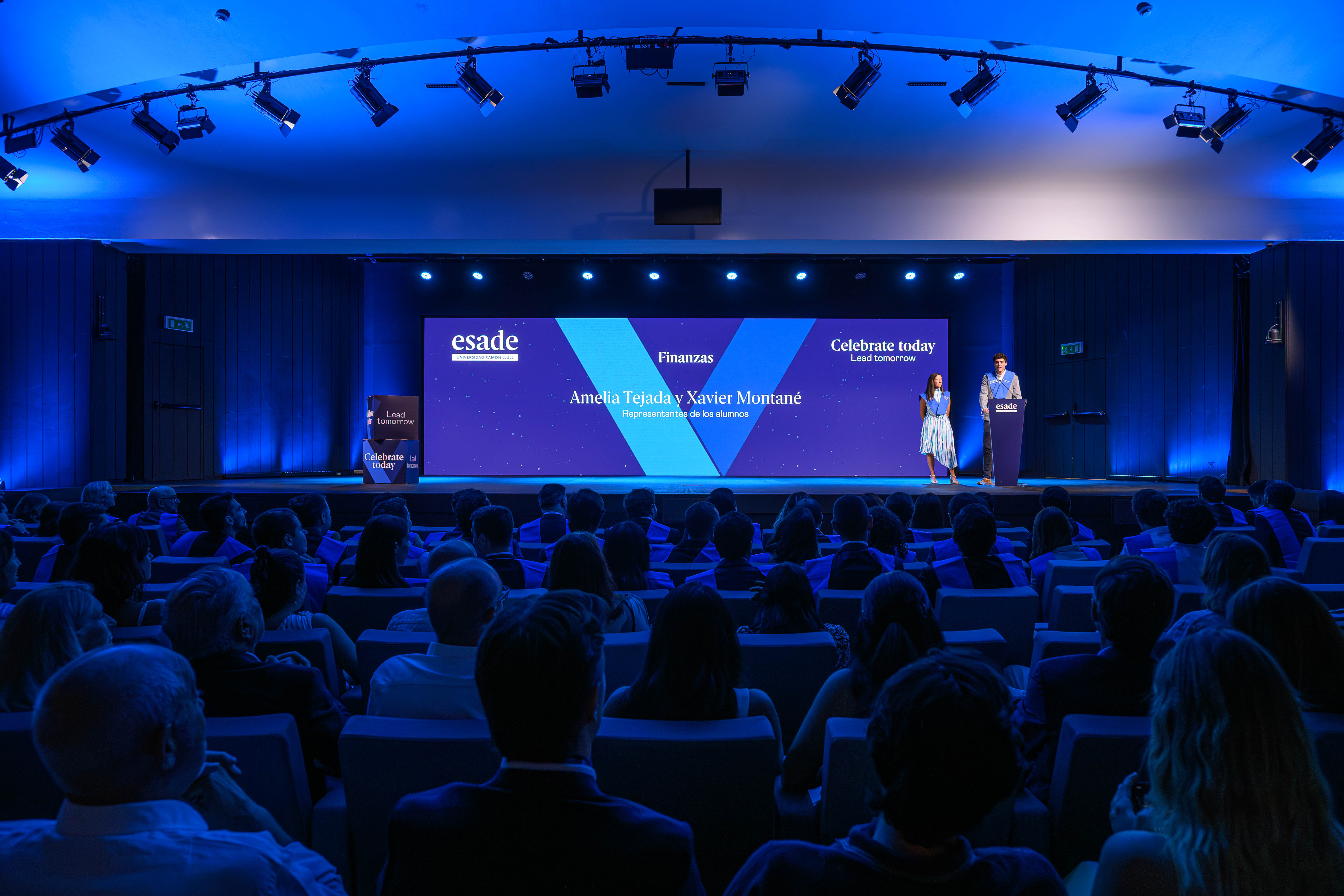 The Executive Master in Finance class representatives (Amelia Tejada and Xavier Montané) speaking at the ESADE Closing Ceremony.