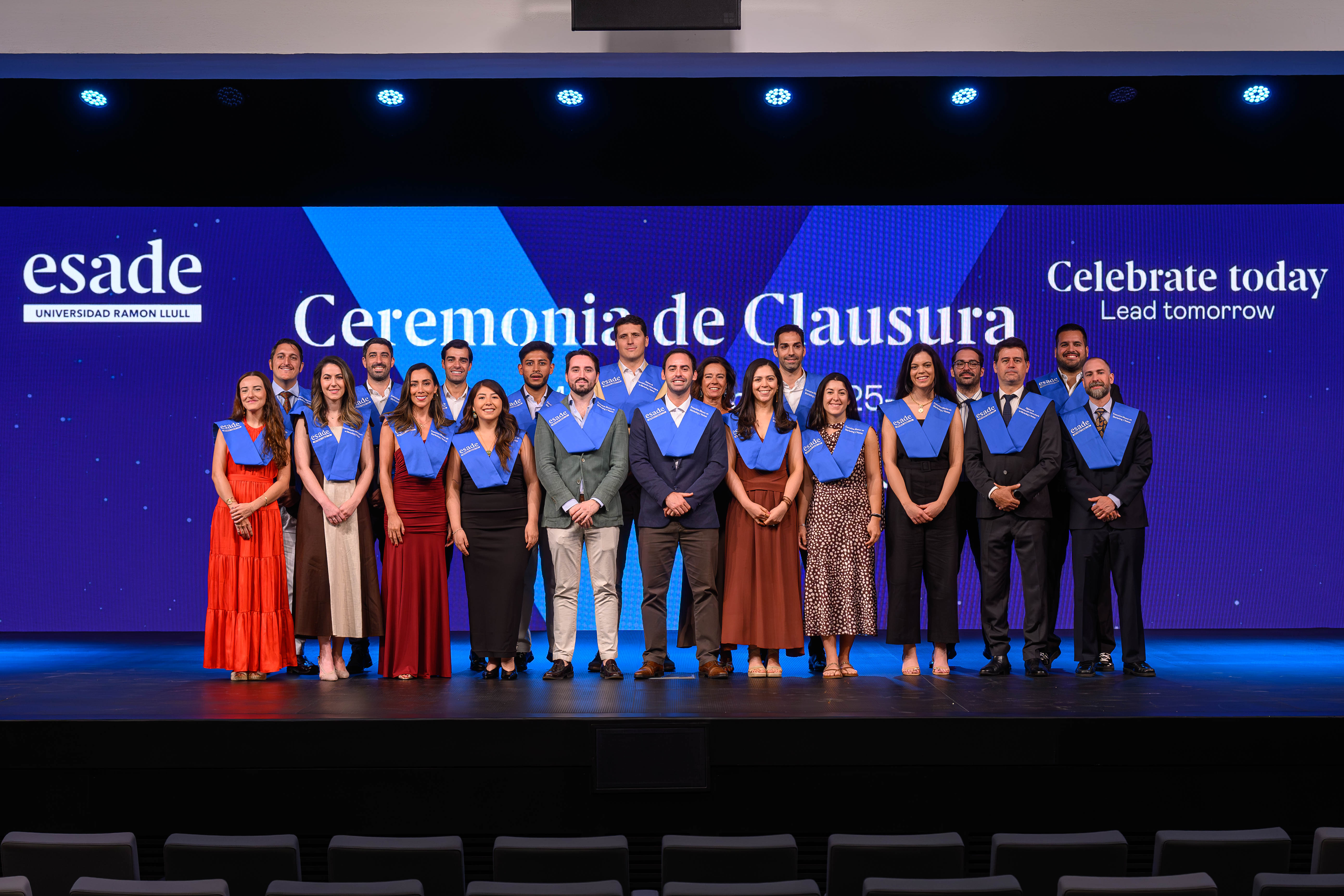 Graduates of the 2026 ESADE Executive Masters in Marketing & Sales class gathered on stage at the Closing Ceremony.