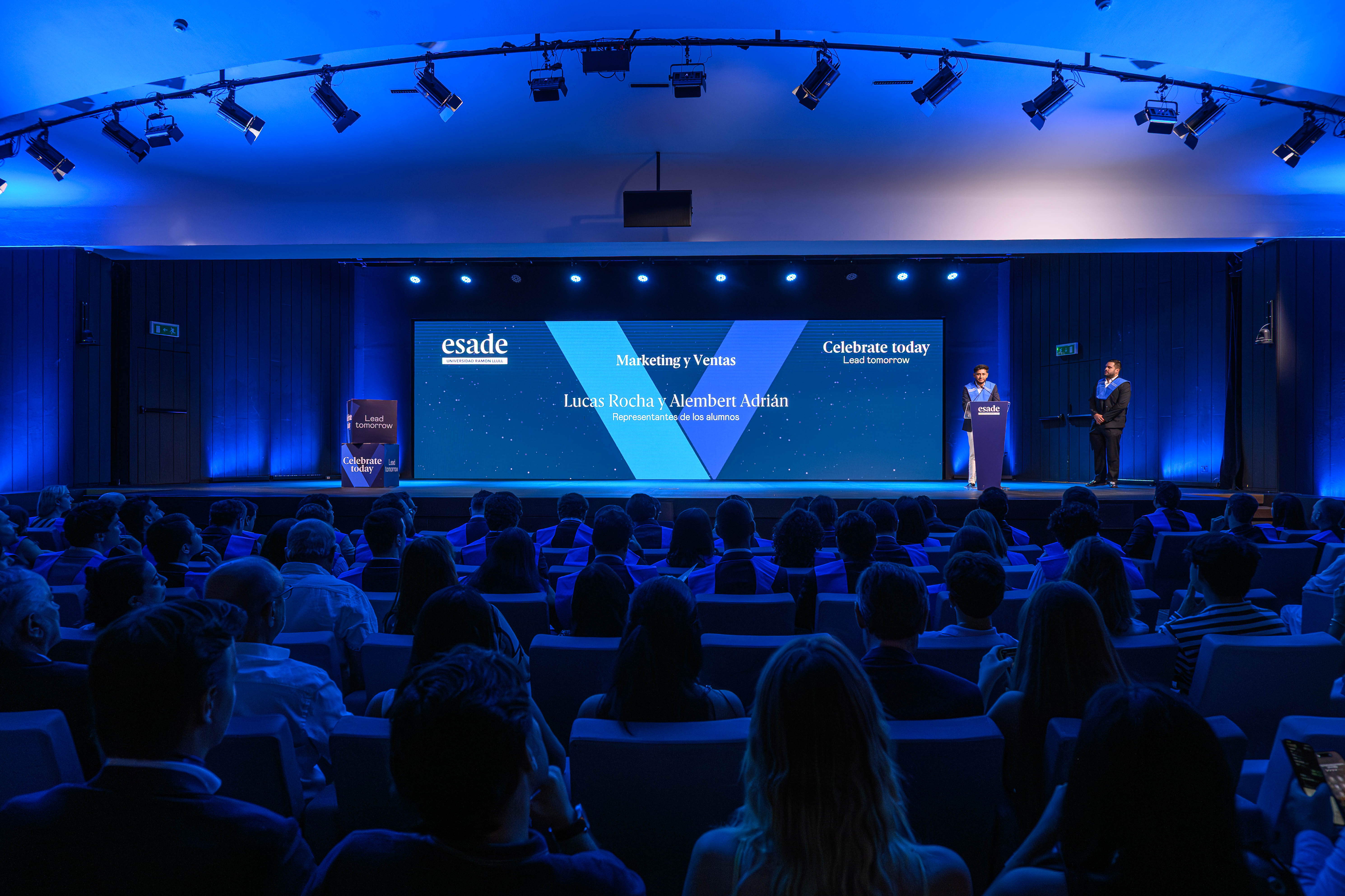 The Executive Master in Marketing & Sales class representatives (Lucas Rocha and Alembert Adrián) speaking at the ESADE Closing Ceremony.