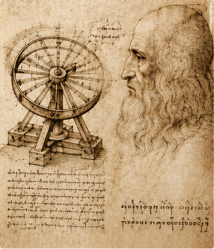 Leonardo da Vinci study of a perpetual-motion wheel beside a profile portrait of da Vinci, from his notebooks.